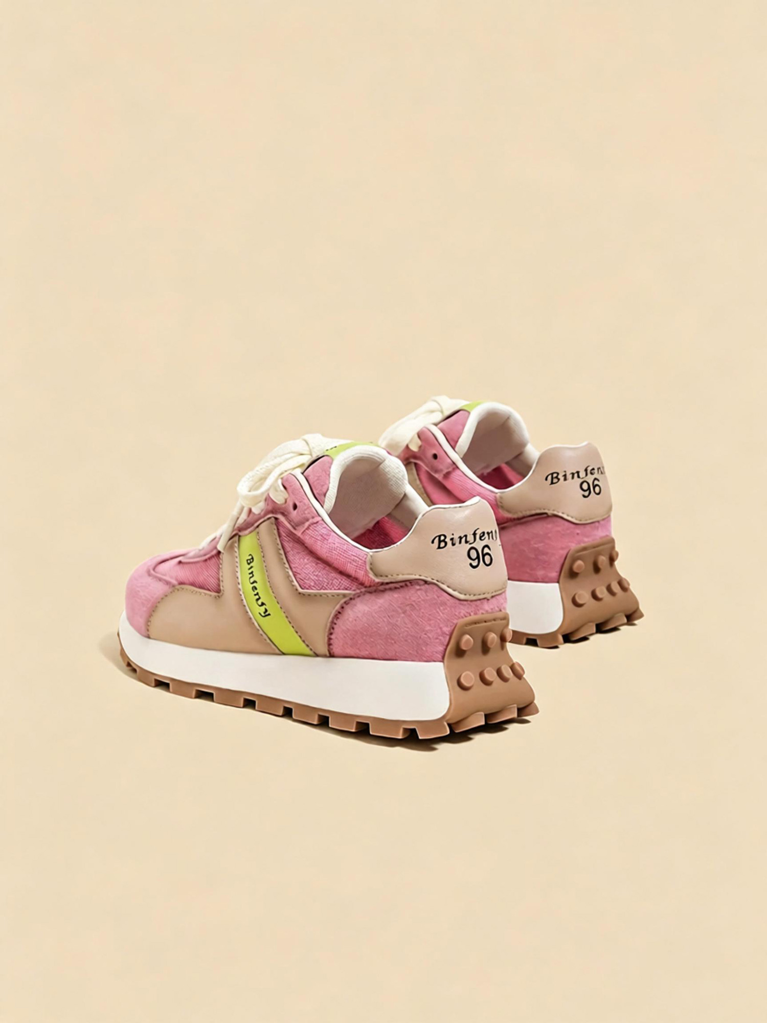 Pink blush retro sneakers side profile, lug rubber outsole vintage sneakers