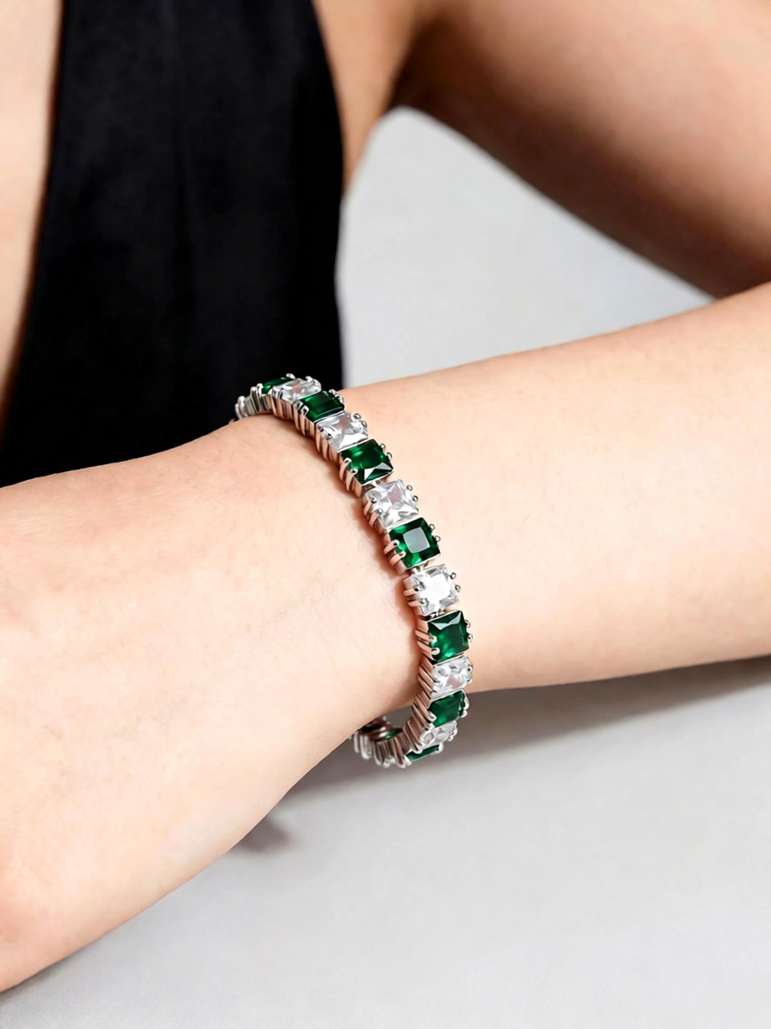 Romantic forest tennis bracelet full layout view, continuous stone chain with sturdy box clasp