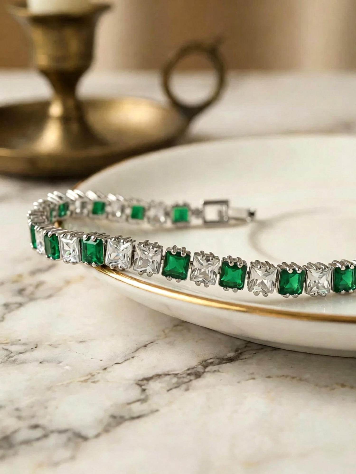 Romantic forest tennis bracelet stone detail, precise prong setting for square zircon gems