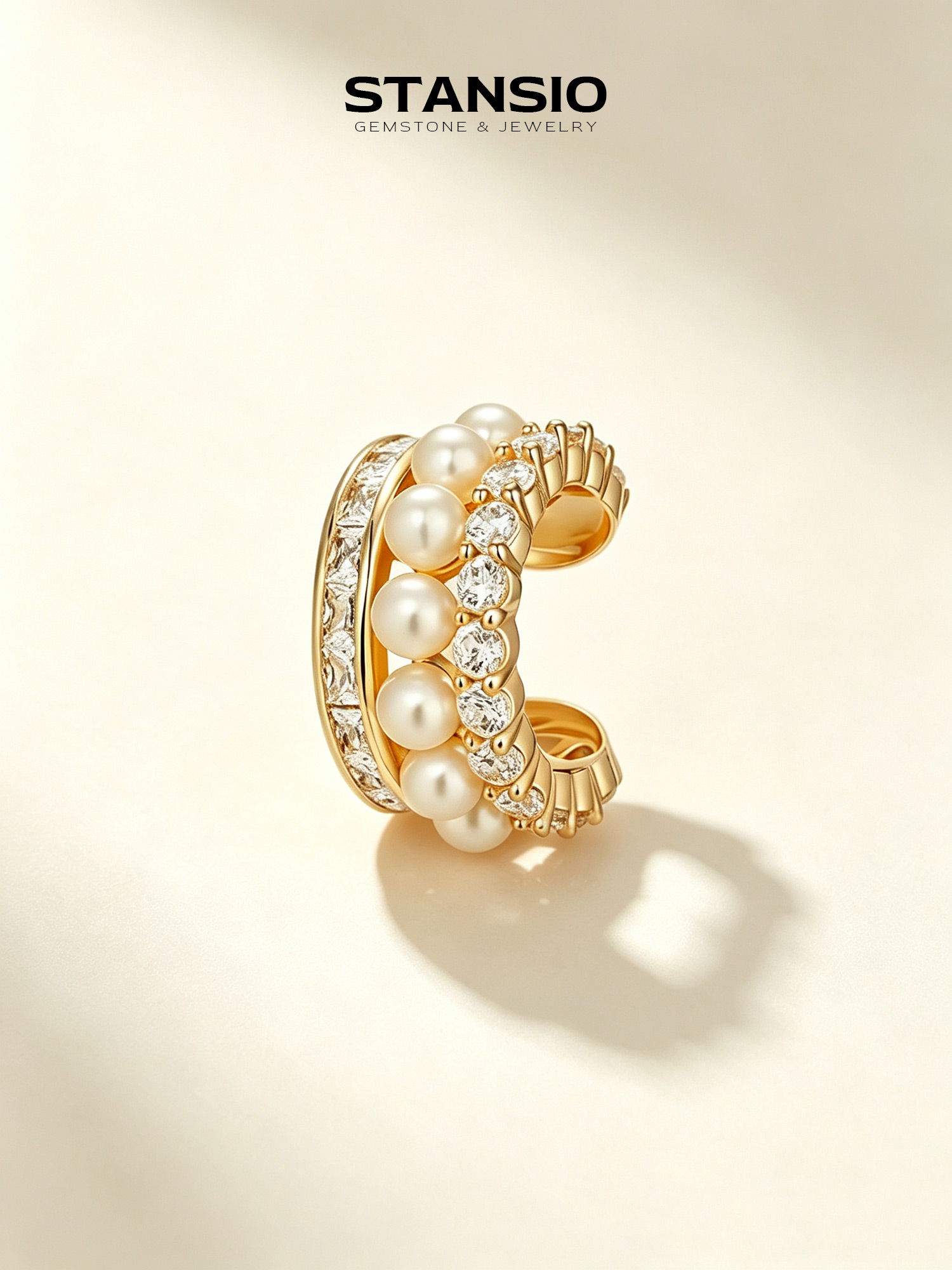 STANSIO Aurelia Pearl Ear Cuff, layered no-pierce ear cartilage cuff
