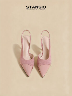 STANSIO Blush Whisper slingback sandals front view, two tone pink suede patent pointed toe design