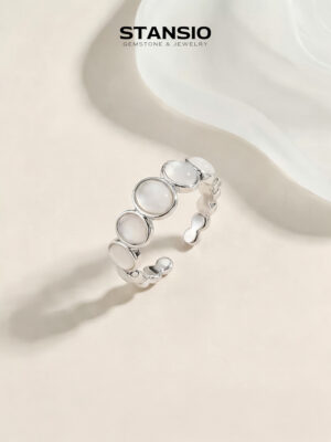 STANSIO Lunar Shell Stackable Ring silver tone open ring with mother of pearl inlay