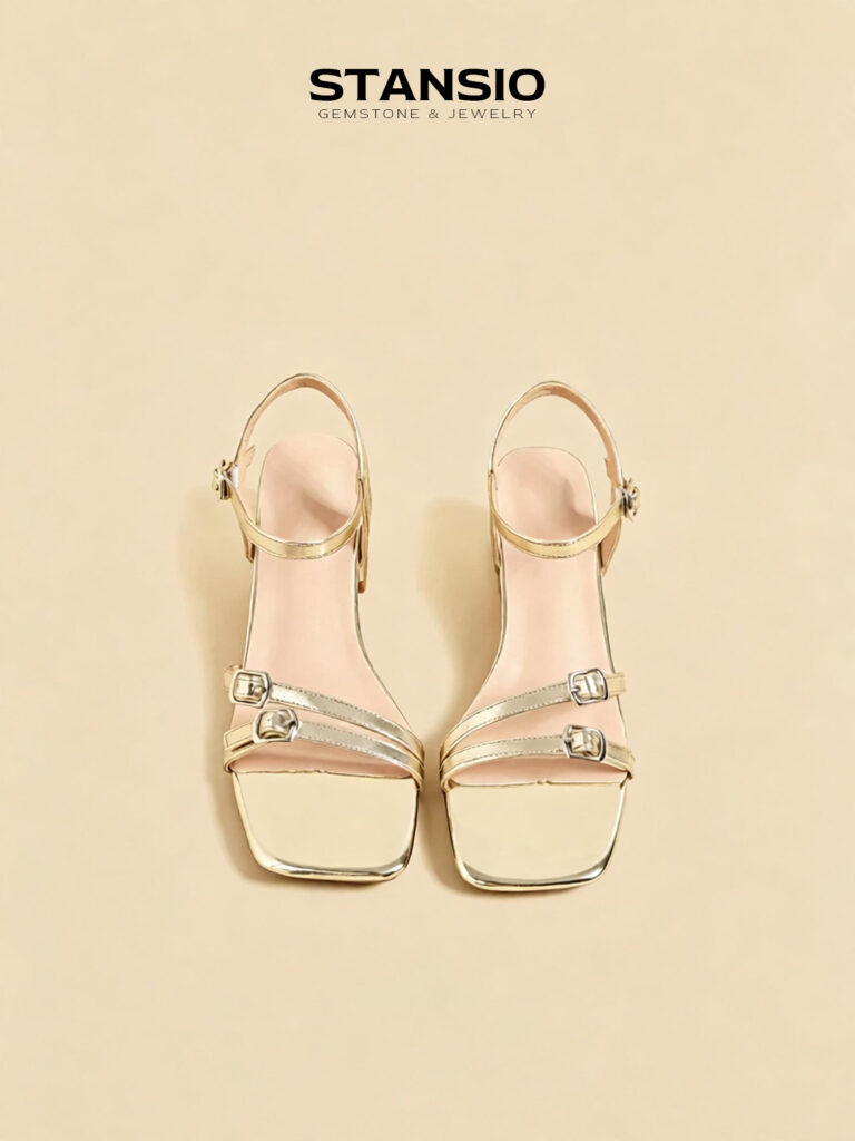 STANSIO aurora gleam sandals, metallic gold square toe block heel sandals