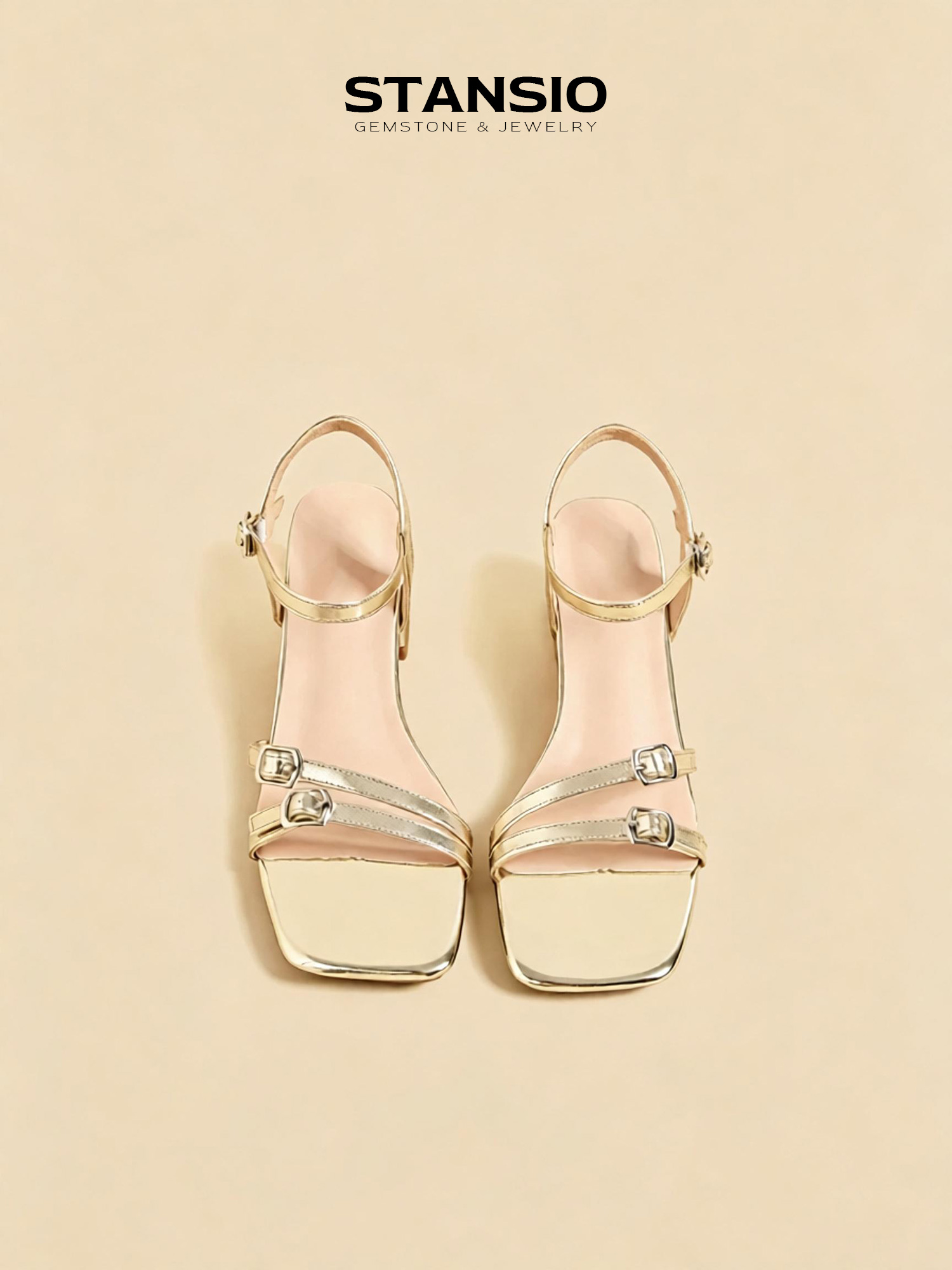 STANSIO aurora gleam sandals, metallic gold square toe block heel sandals