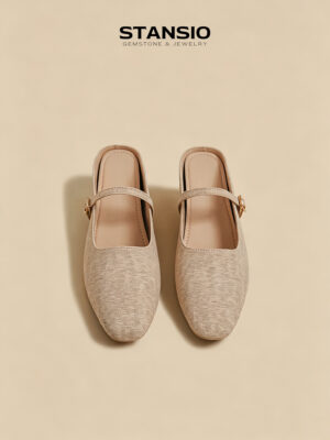 STANSIO champagne mary jane mules women backless mules with gold buckle strap
