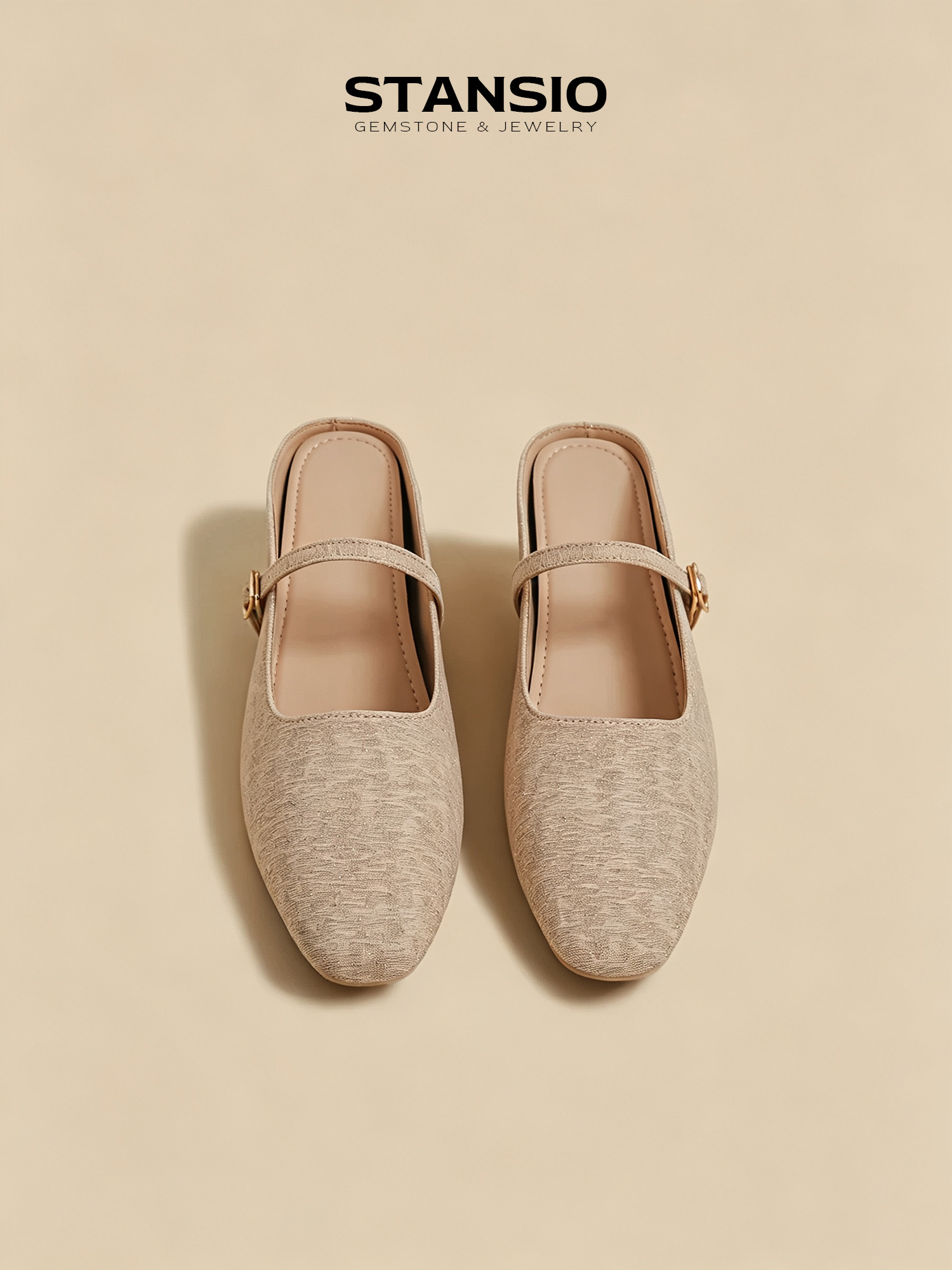 STANSIO champagne mary jane mules women backless mules with gold buckle strap