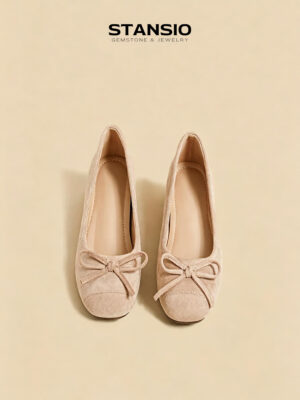 STANSIO cream bow ballet flats, women cream suede square toe slip on flats