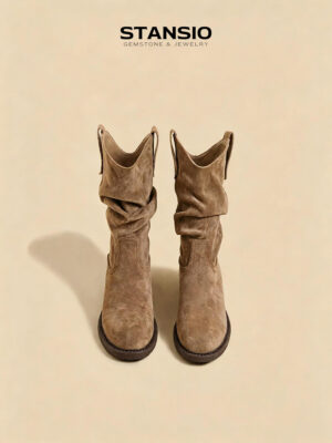 STANSIO dusk wanderer cowboy boots women slouch taupe suede mid calf western boots