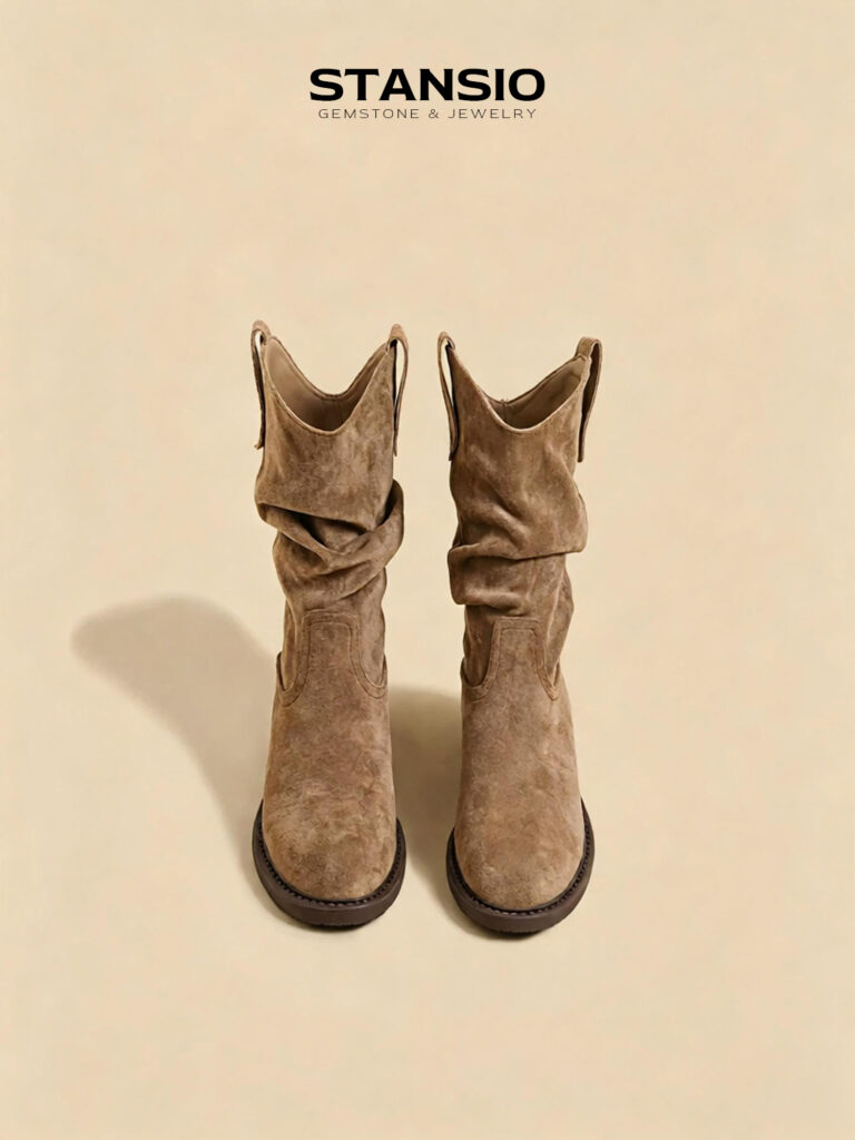 STANSIO dusk wanderer cowboy boots women slouch taupe suede mid calf western boots