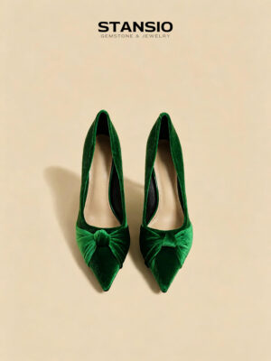 STANSIO emerald allure pumps, women emerald green velvet bow pointed toe heels