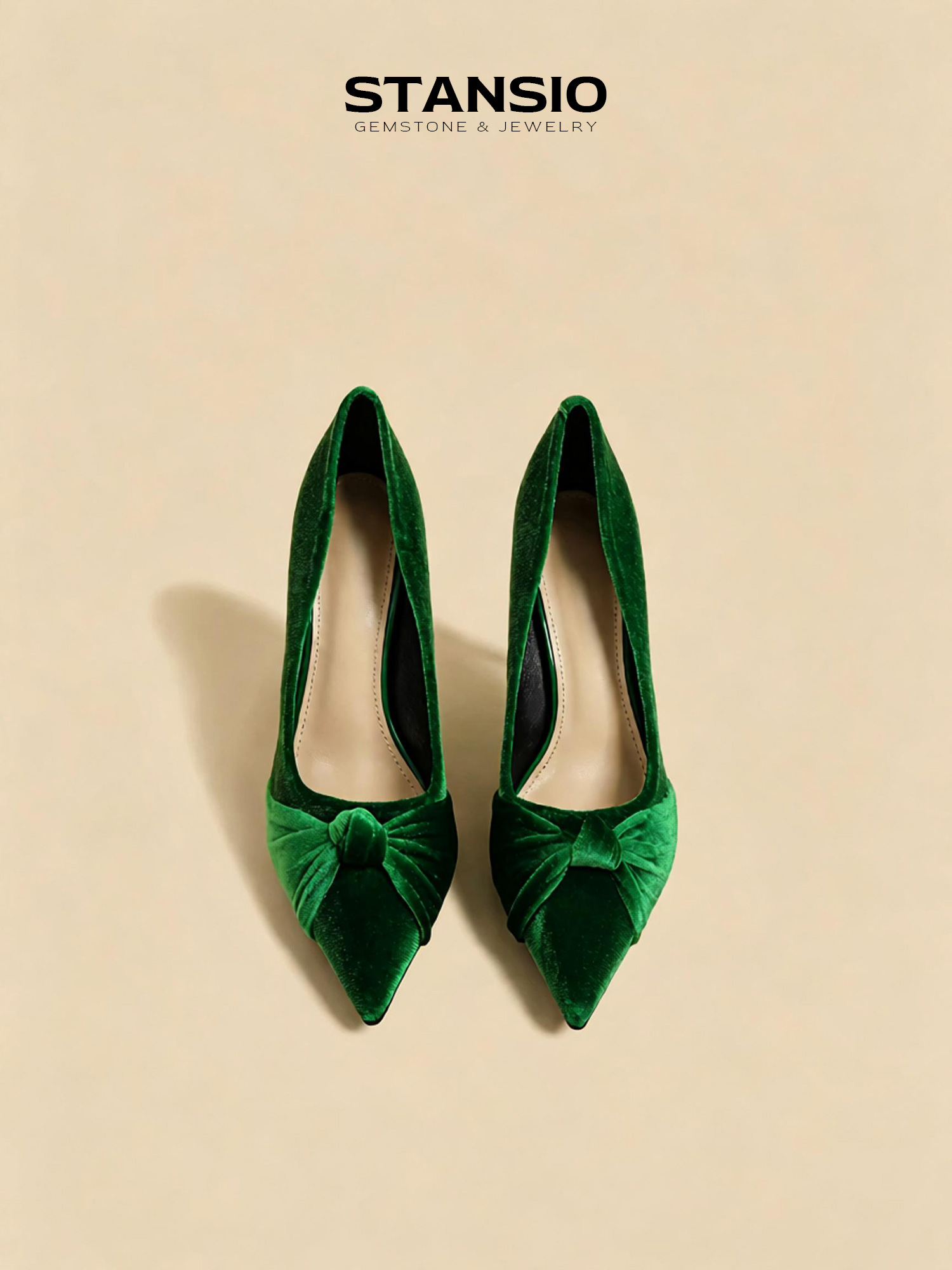 STANSIO emerald allure pumps, women emerald green velvet bow pointed toe heels