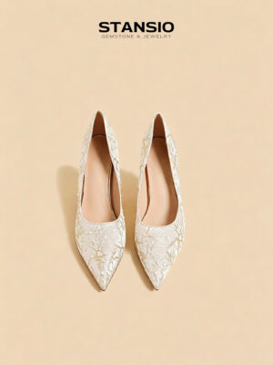 STANSIO ivory belle pumps, women ivory lace pearl pointed toe occasion heels