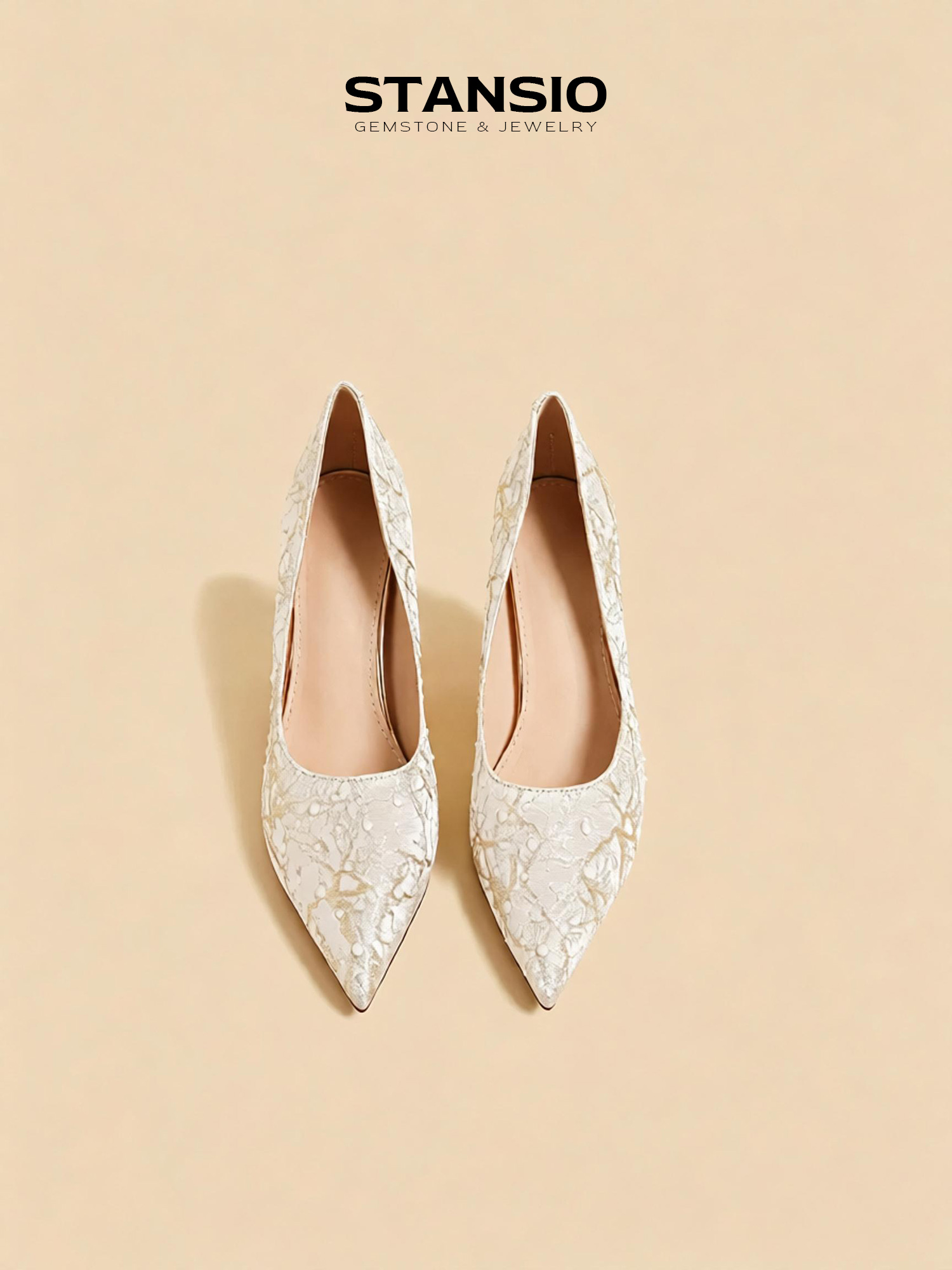 STANSIO ivory belle pumps, women ivory lace pearl pointed toe occasion heels