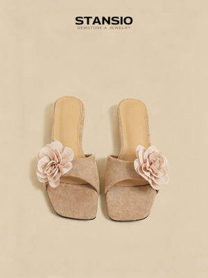 STANSIO petal breeze slide sandals, beige suede wedge slides with fabric flower