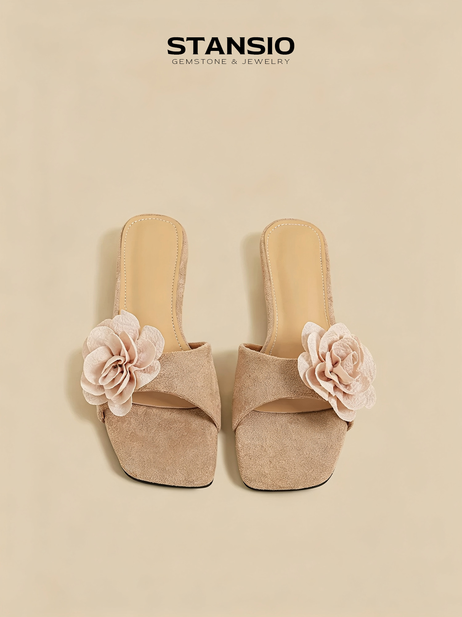 STANSIO petal breeze slide sandals, beige suede wedge slides with fabric flower