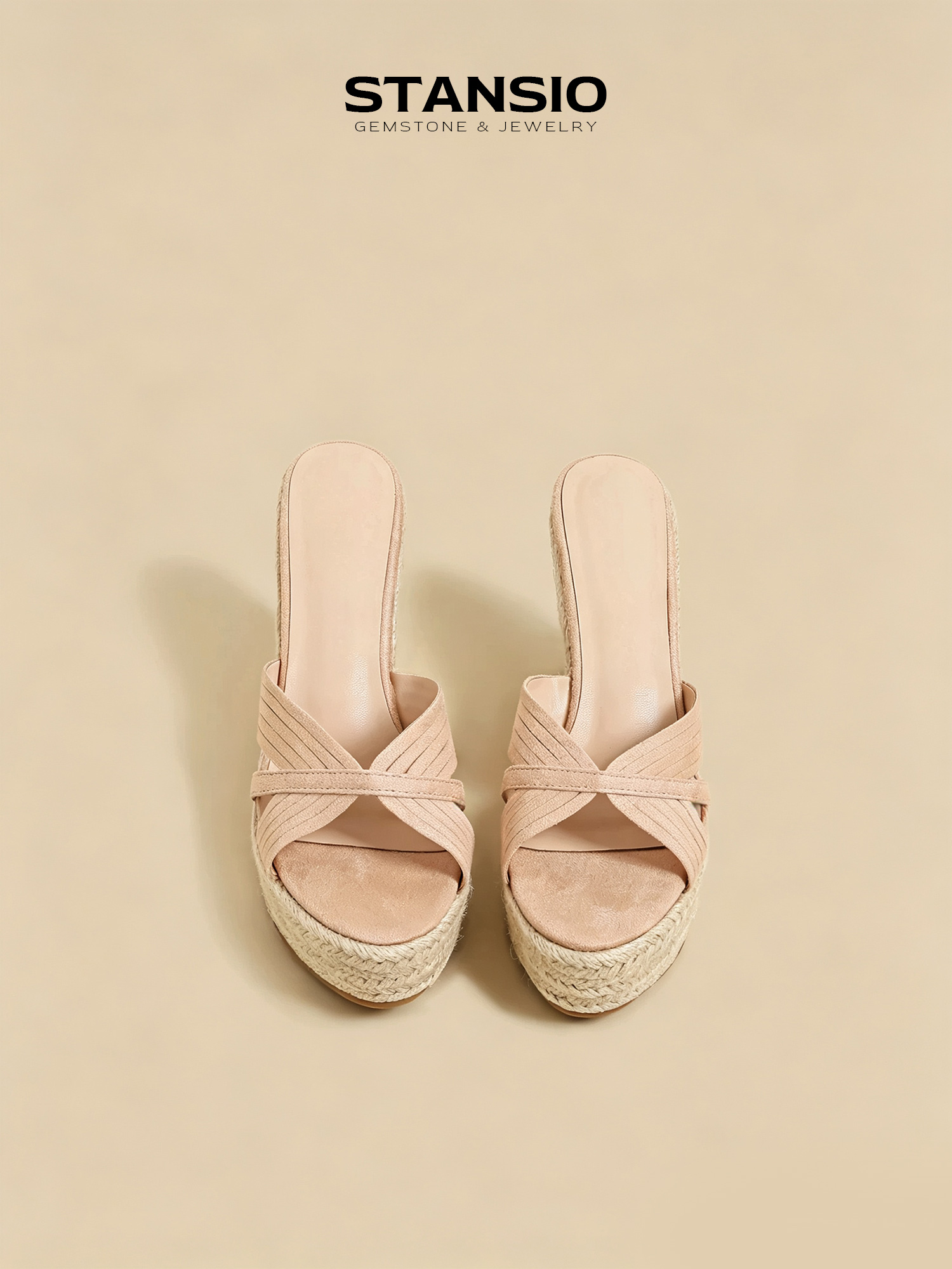 STANSIO sandy tide espadrille wedges, nude crisscross strap mule wedge sandals