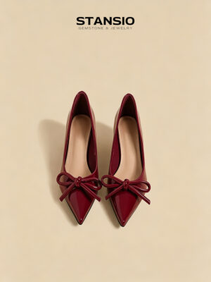 STANSIO scarlet bow heels, glossy red patent pointed toe kitten heels