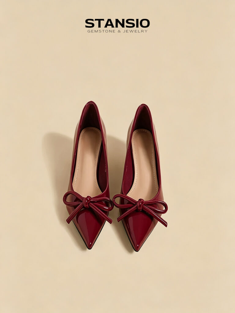STANSIO scarlet bow heels, glossy red patent pointed toe kitten heels
