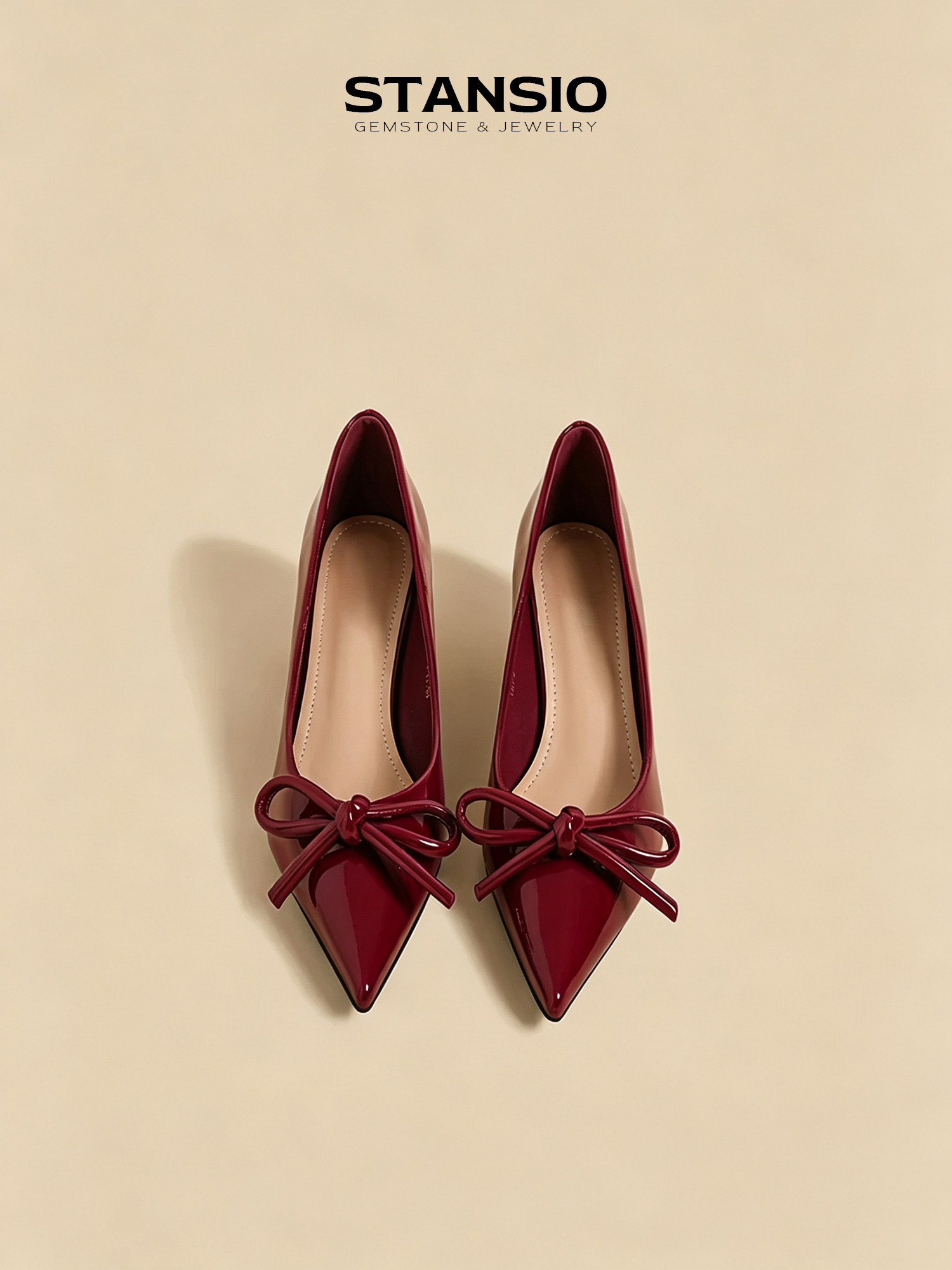 STANSIO scarlet bow heels, glossy red patent pointed toe kitten heels