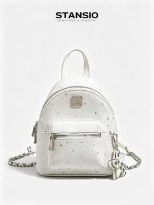 STANSIO starry white mini backpack, white canvas mini backpack with silver star print