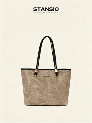 STANSIO taupe whisper tote bag, textured taupe faux suede structured tote bag with black handles