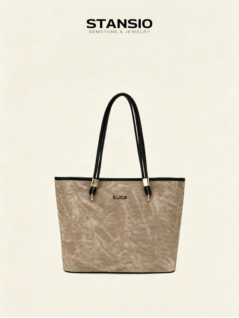 STANSIO taupe whisper tote bag, textured taupe faux suede structured tote bag with black handles