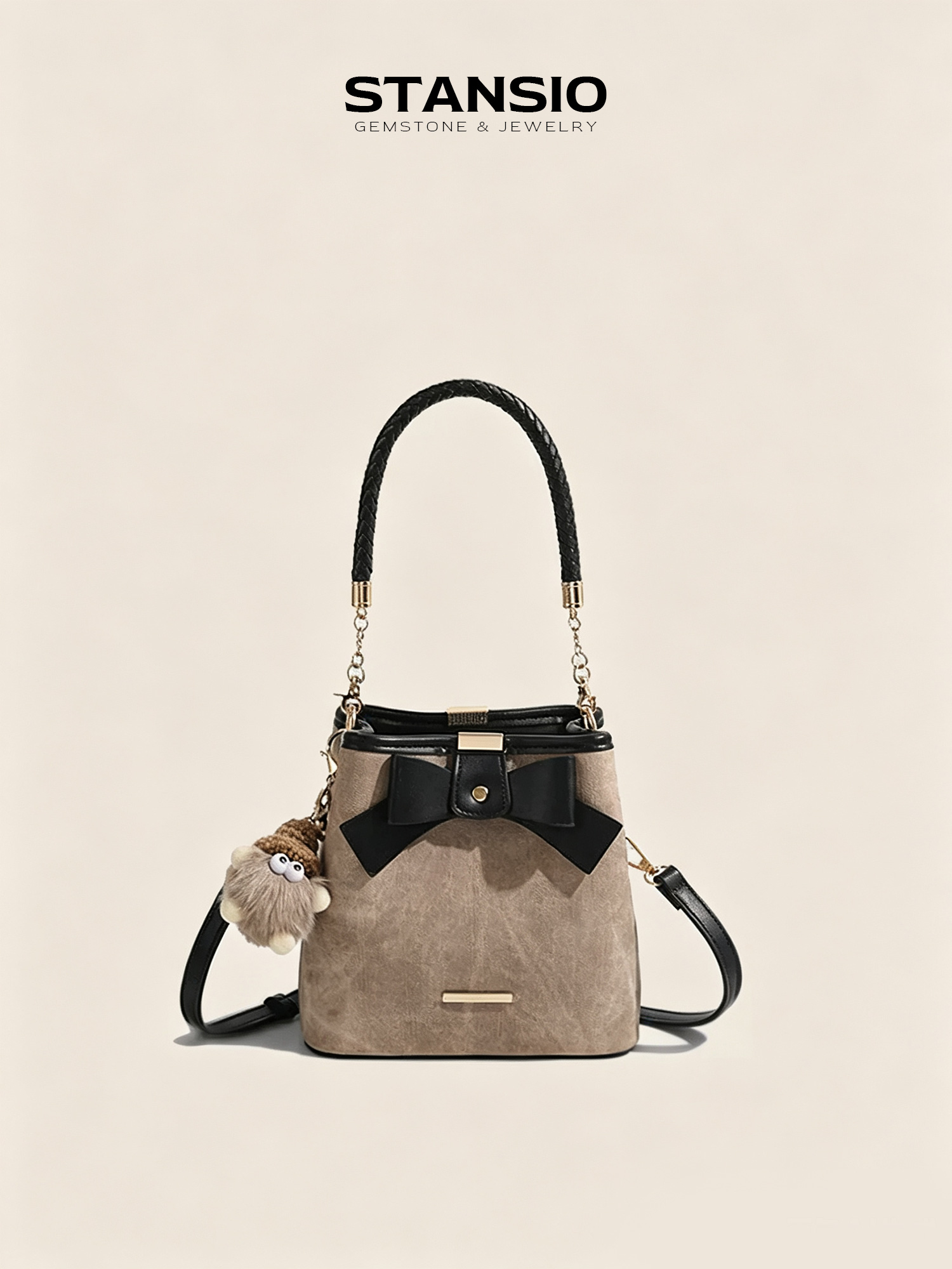 STANSIO vintage bow bucket bag with braided handle and fluffy plush charm on beige background