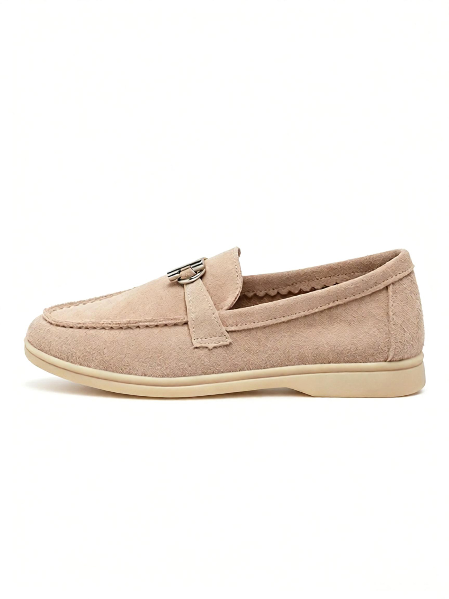 Sand apricot loafers overhead flat lay, minimalist suede women everyday loafers