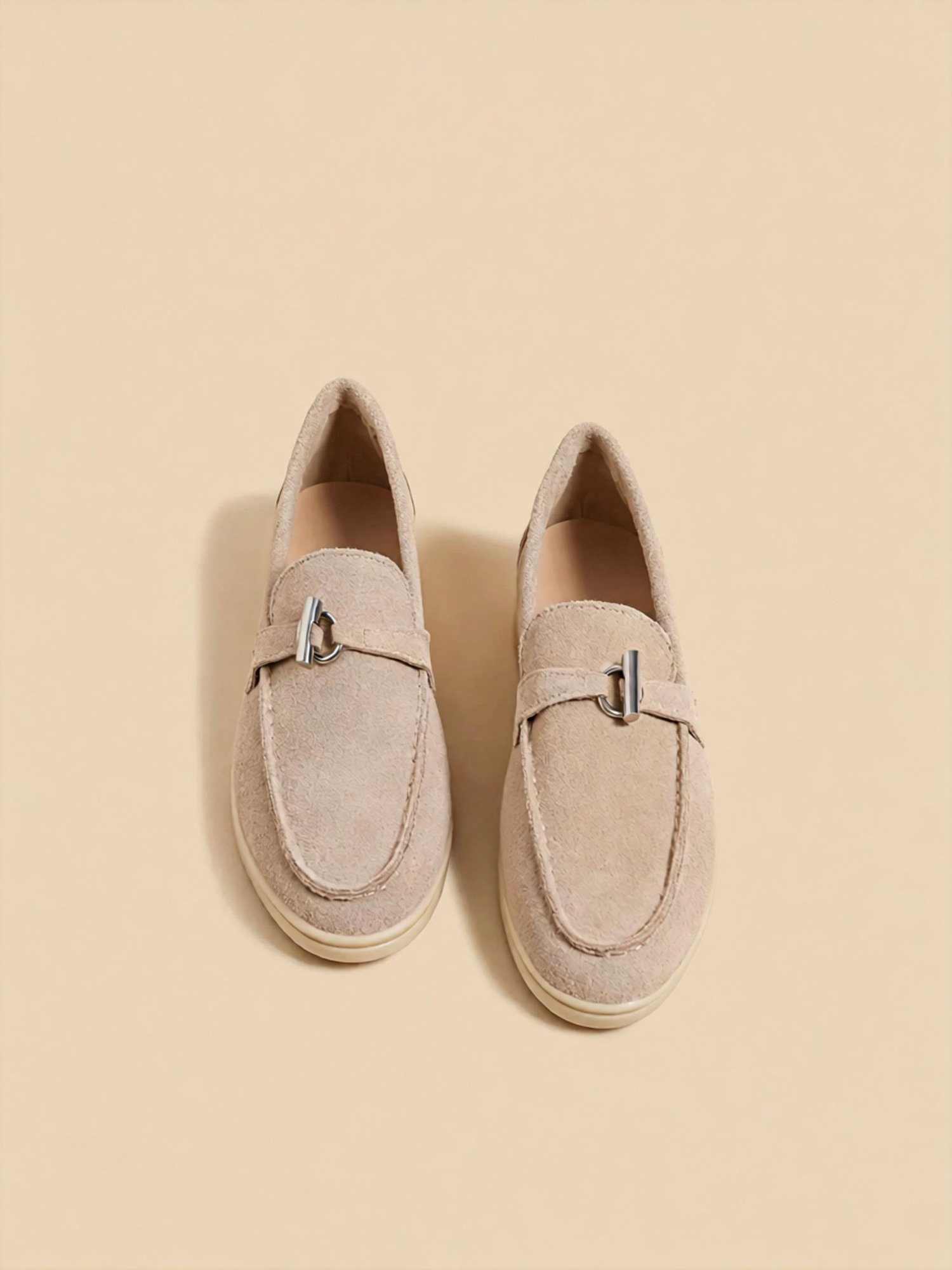 Sand apricot loafers side profile, lightweight microfiber outsole casual women shoes