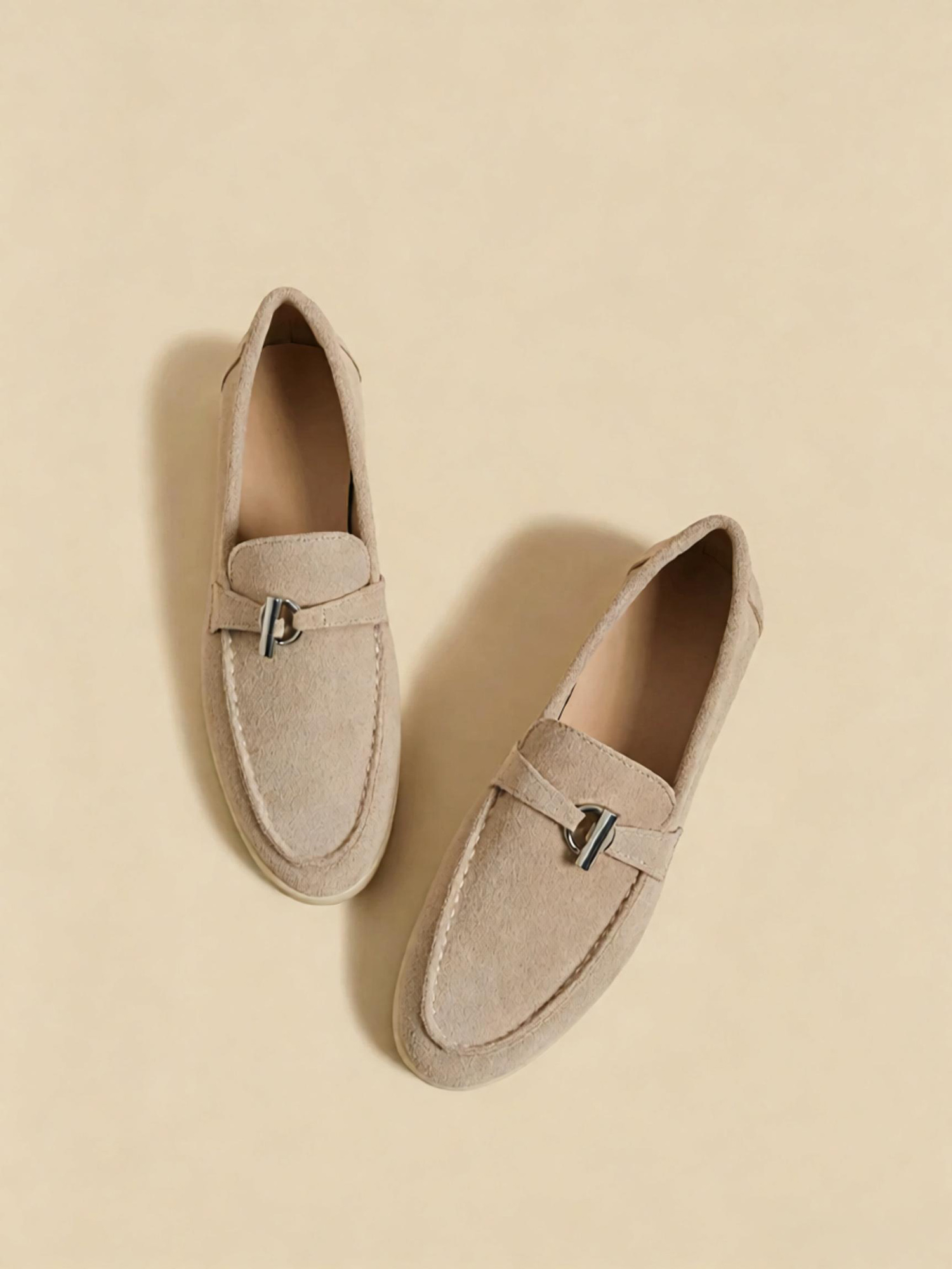 Sand apricot loafers top view, warm neutral suede loafer flat lay shot