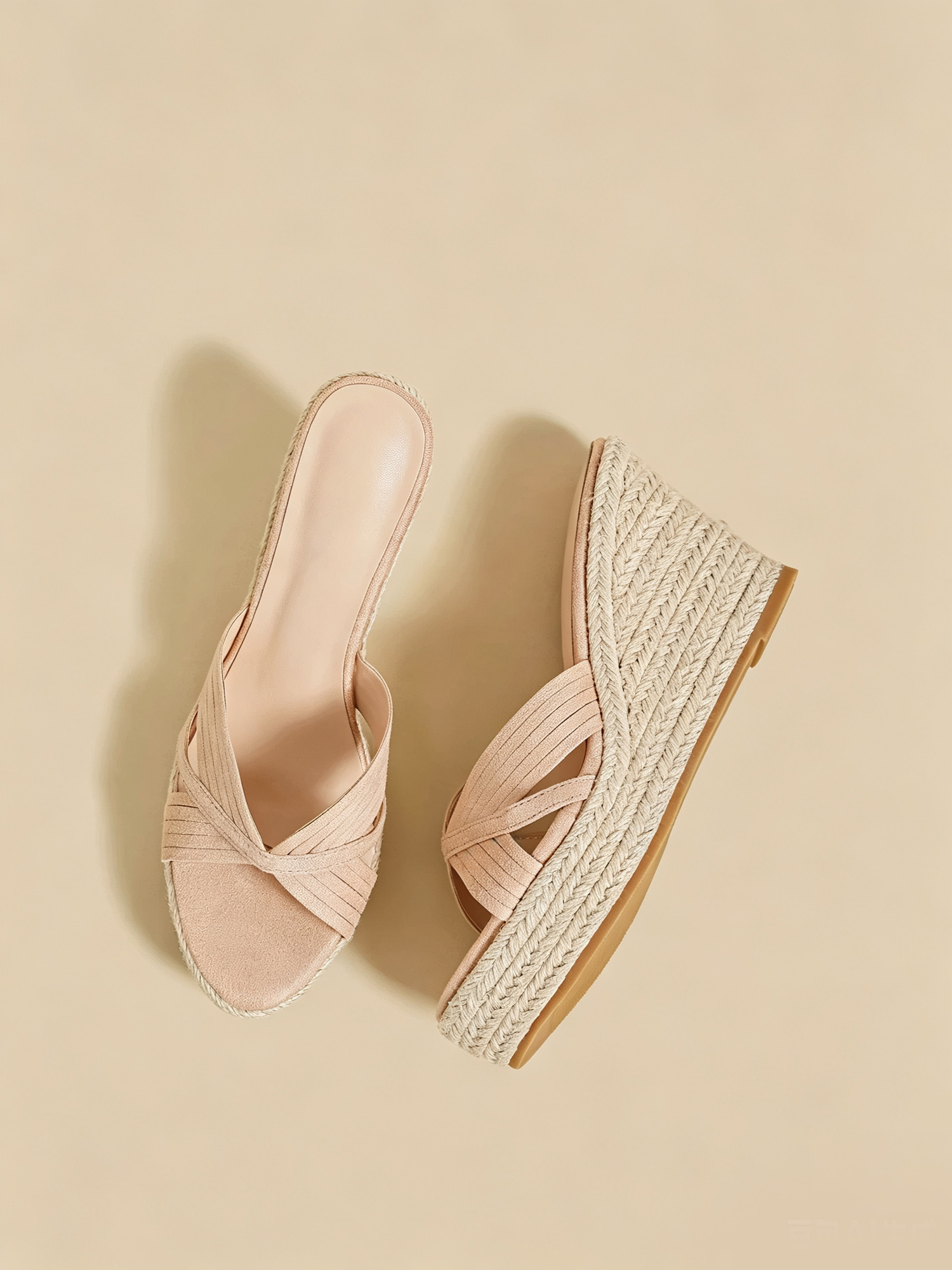 Sandy tide espadrille wedges overhead shot, beige faux suede cross strap summer sandals