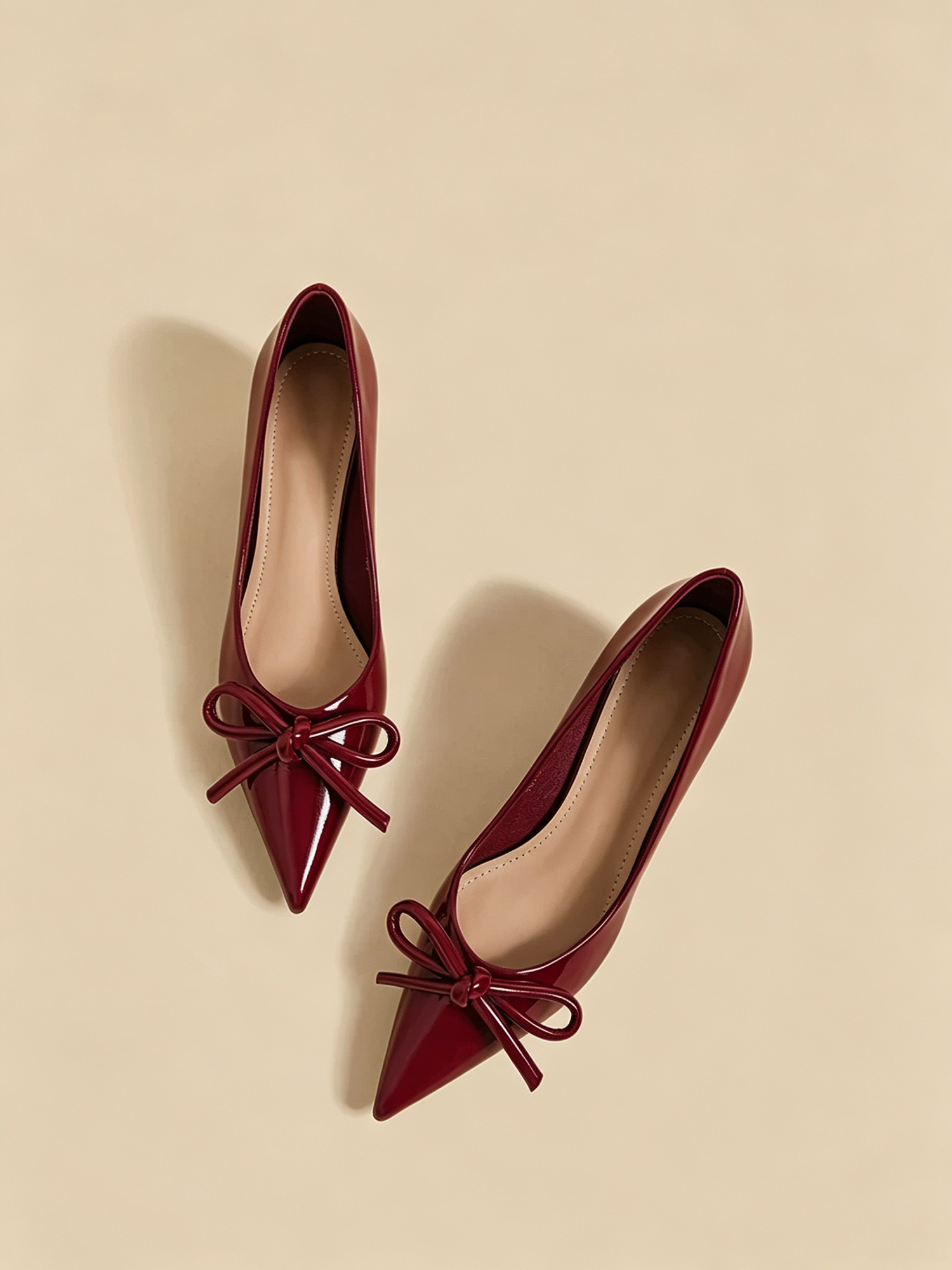 Scarlet bow heels top view, romantic scarlet patent women dress shoes