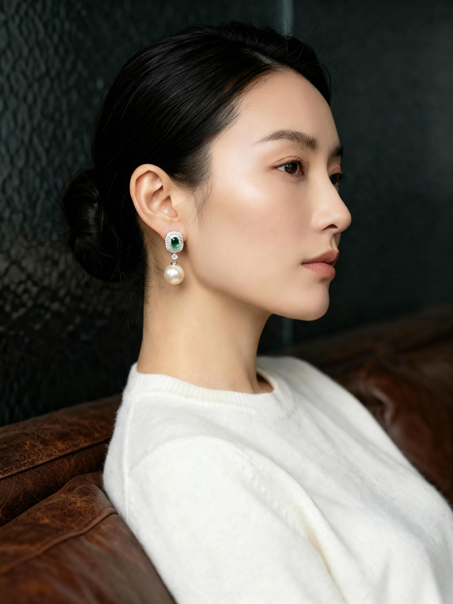 Side profile view handcrafted green dream pearl drop earrings