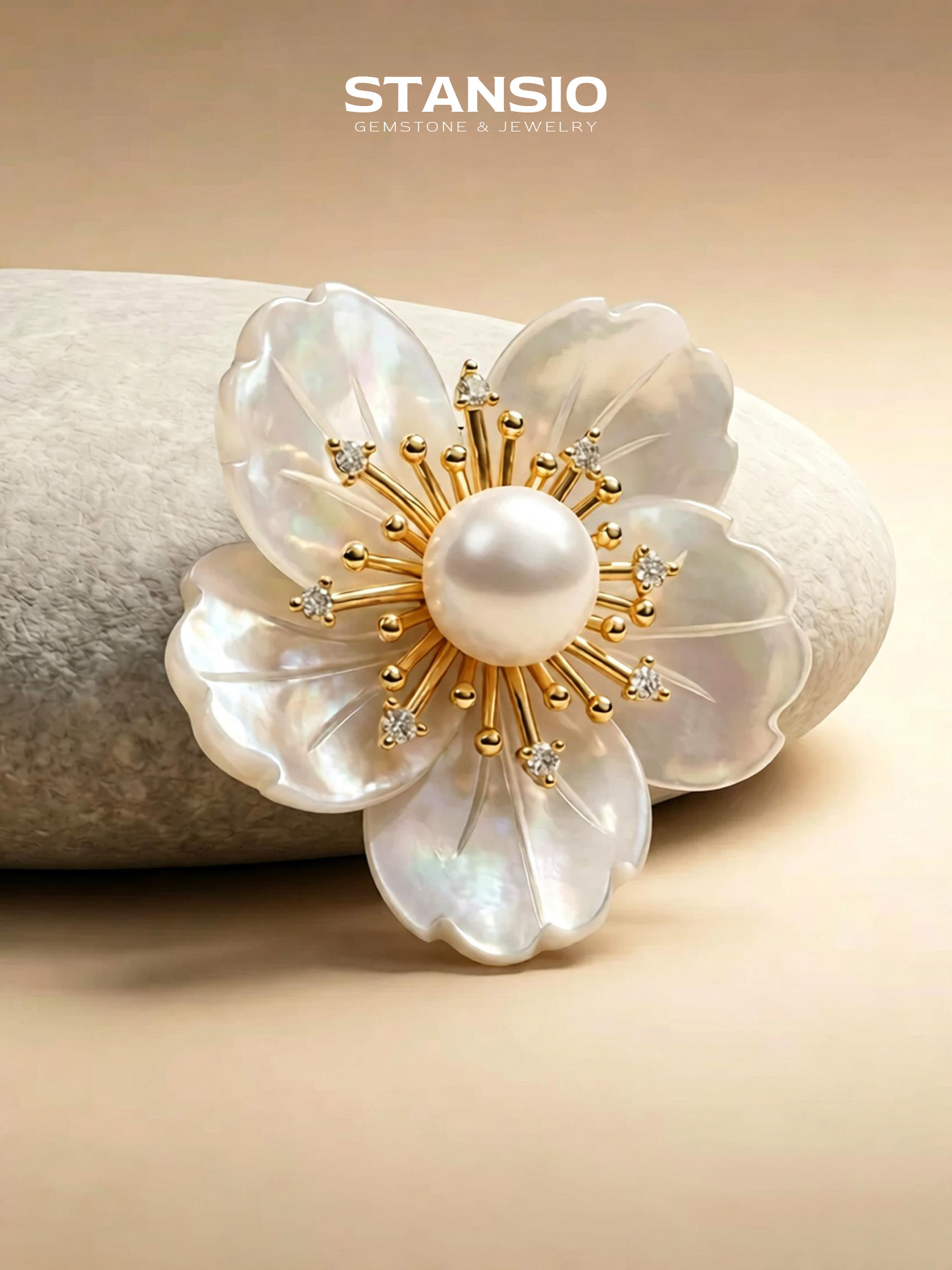 Stansio camellia pearl brooch pinned on soft white blouse, delicate floral jewelry for formal styling