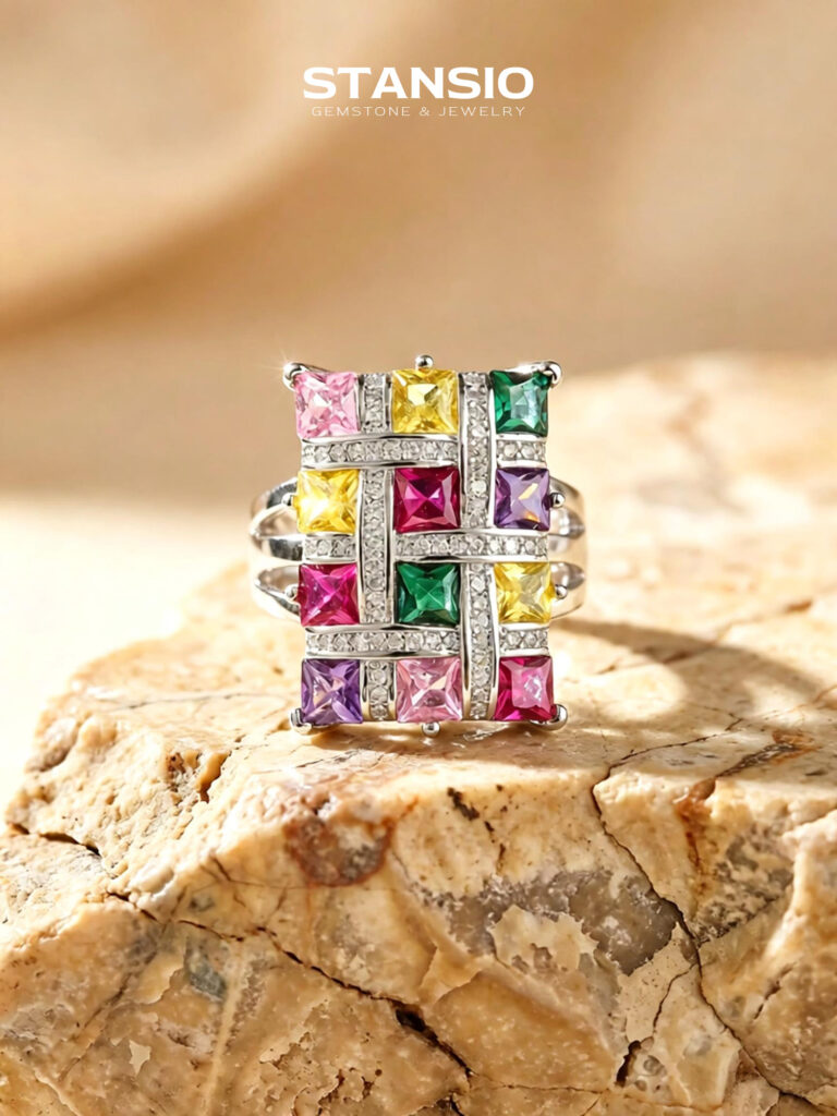 Stansio colorful spectrum ring worn on hand, multicolour zircon mosaic statement ring for bold styling