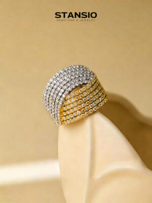 Stansio dual radiance ring worn on finger, two‑tone layered open wide band for evening formal styling