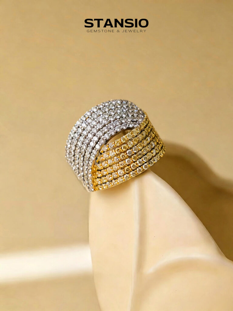 Stansio dual radiance ring worn on finger, two‑tone layered open wide band for evening formal styling
