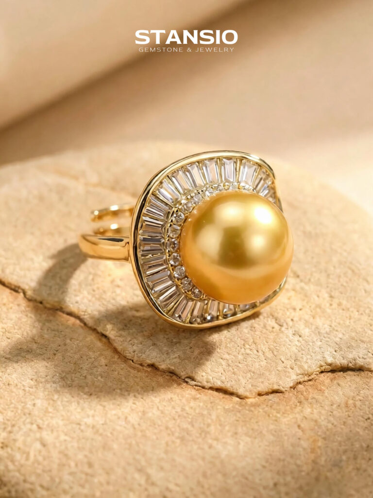 Stansio golden era pearl ring worn on finger, vintage golden freshwater pearl cocktail statement ring