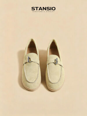 Stansio melon green loafers, women suede slip-on loafers with metal buckle
