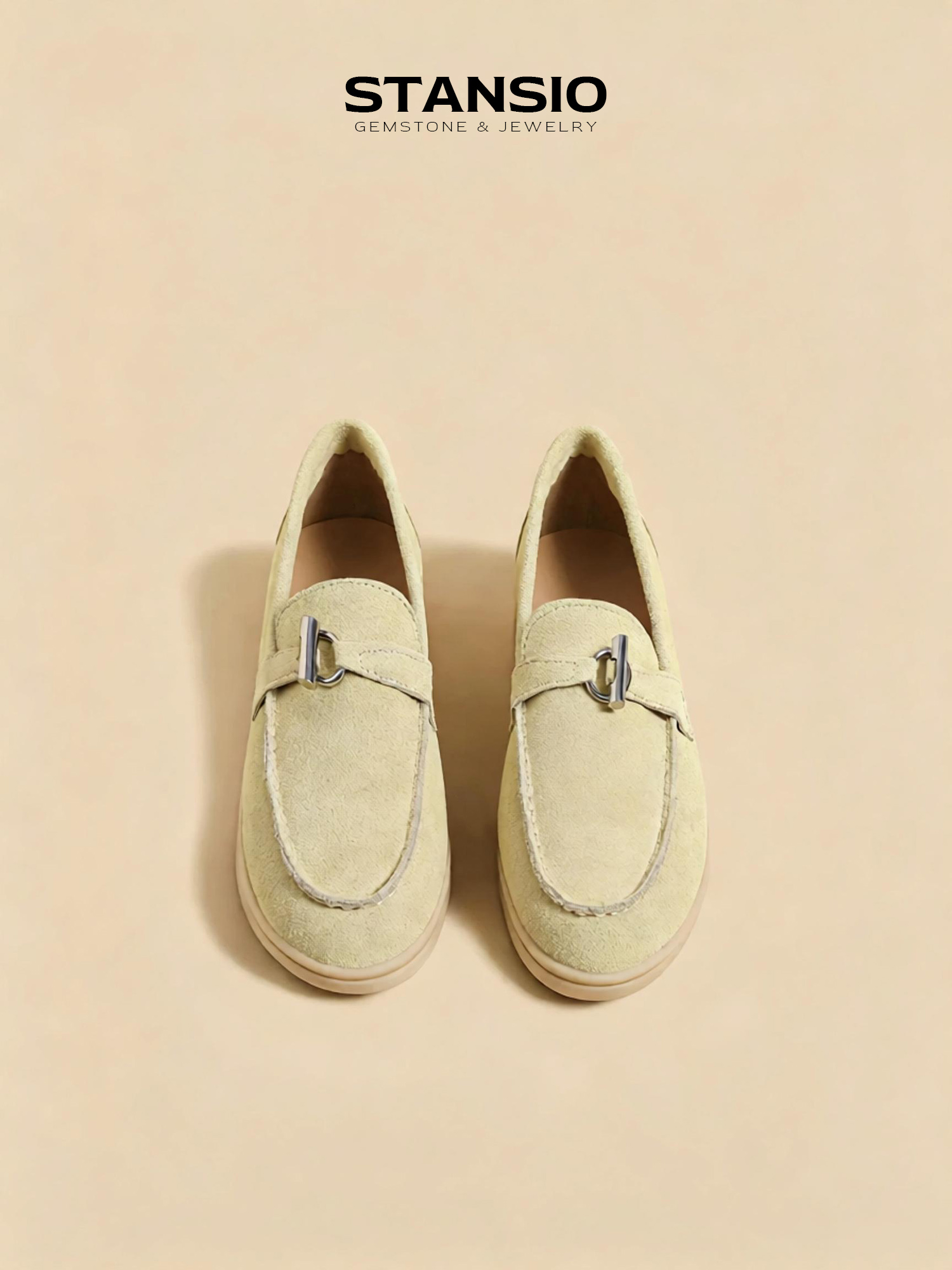 Stansio melon green loafers, women suede slip-on loafers with metal buckle