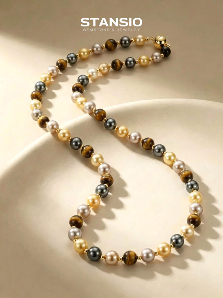 Stansio mixed earth tone beaded necklace, tiger’s eye mixed multi‑tone pearl beaded necklace