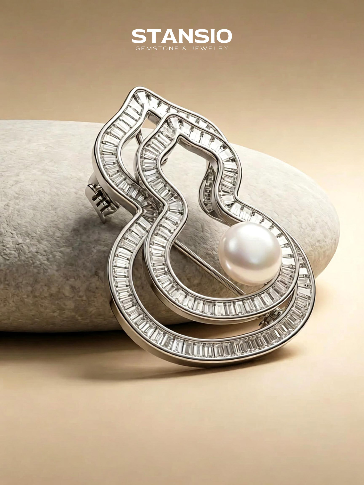 Stansio moonlight gourd pearl brooch pinned onto tailored suit lapel, modern oriental style jewelry