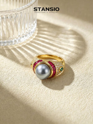 Stansio persian royal pearl ring, centre pearl with ruby red and emerald green zircon accents