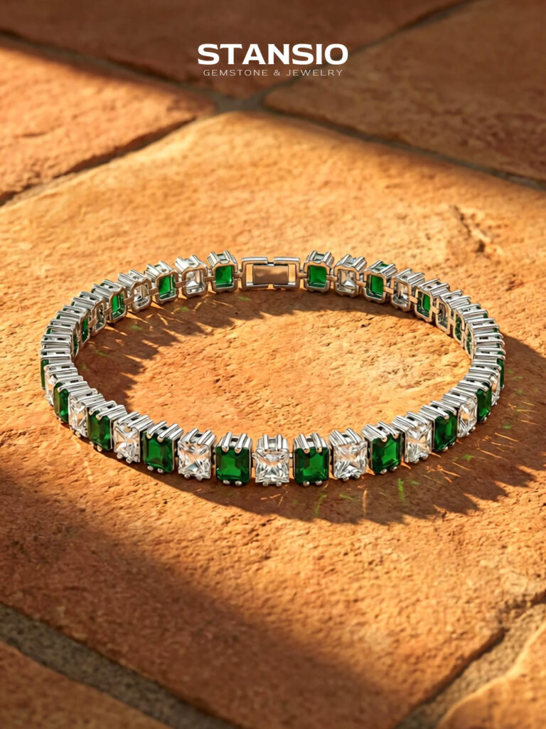 Stansio romantic forest tennis bracelet, alternating square green and clear zircon prong‑set tennis bracelet