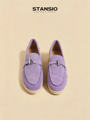 Stansio rubber purple loafers, women suede slip-on loafers with metal buckle