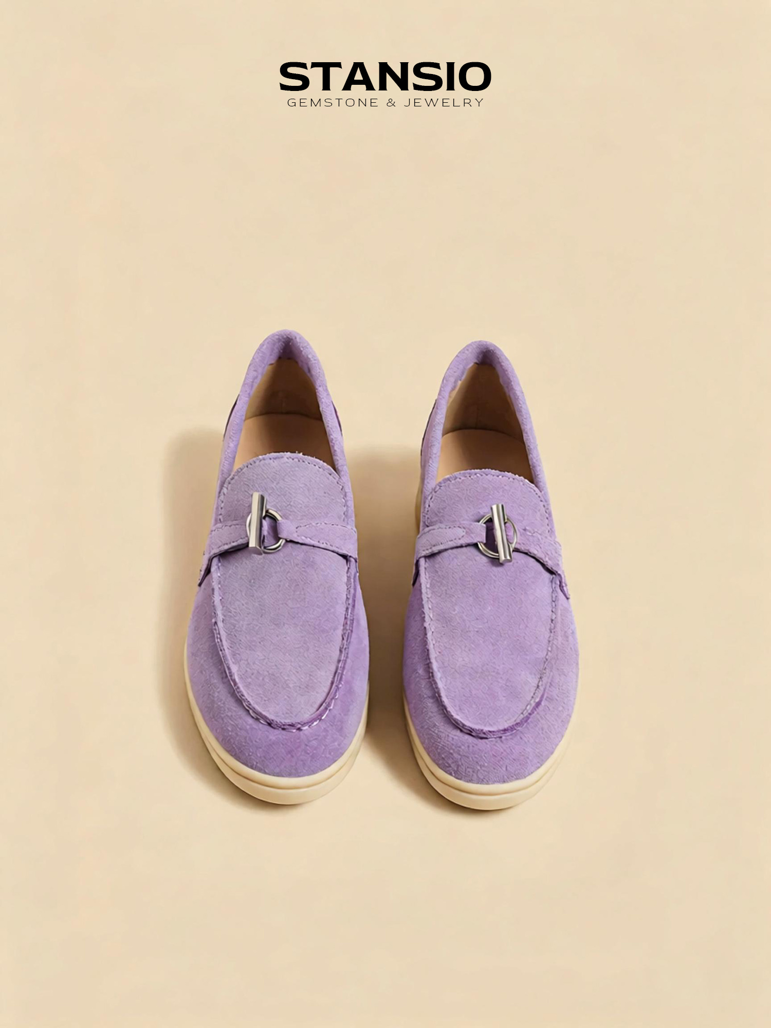 Stansio rubber purple loafers, women suede slip-on loafers with metal buckle
