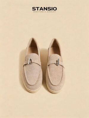 Stansio sand apricot loafers, women suede slip-on loafers with metal buckle