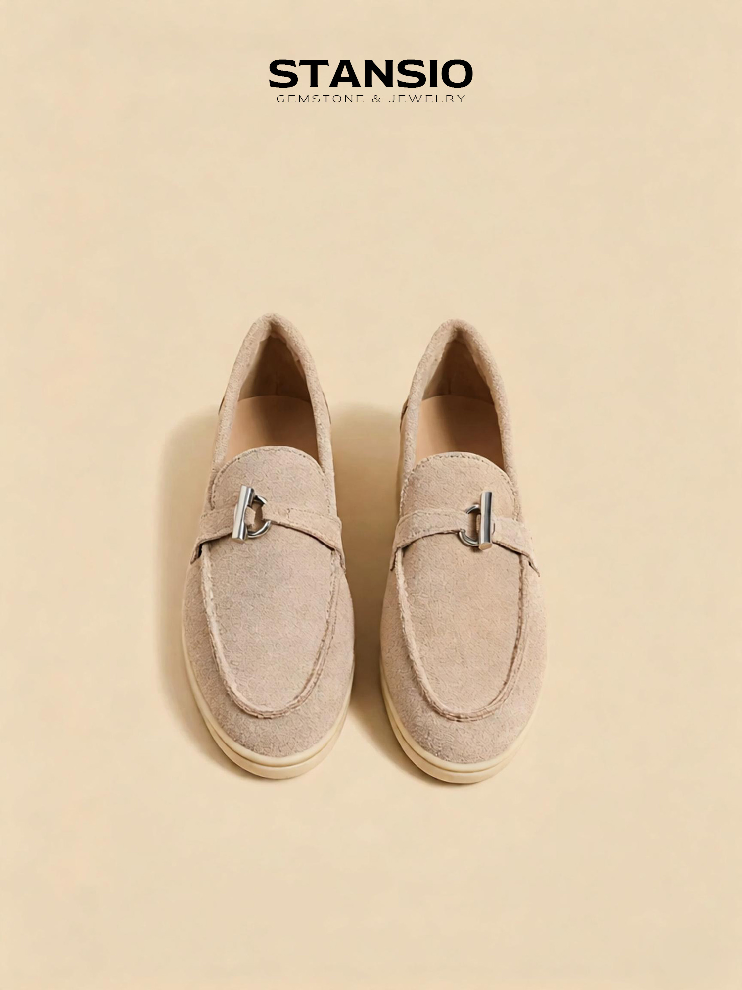 Stansio sand apricot loafers, women suede slip-on loafers with metal buckle