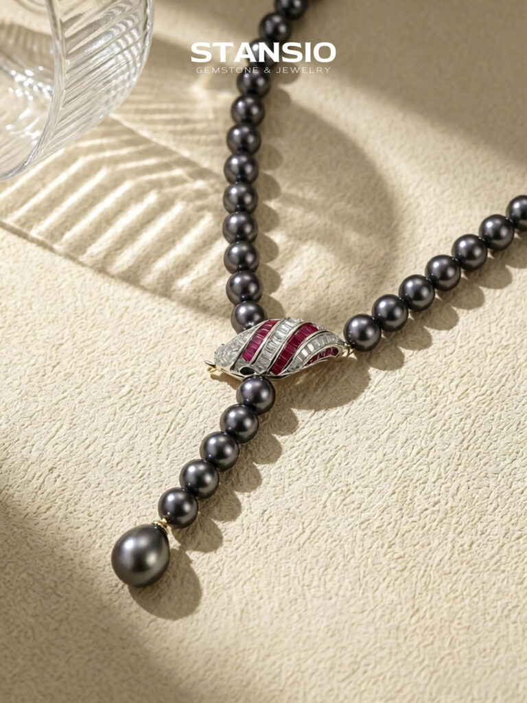 Stansio starry night lariat necklace, tahitian pearl lariat with ruby corundum and zircon ornament