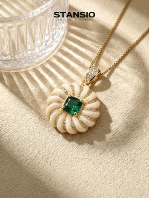 Stansio venus pendant necklace, bold statement shell‑style gemstone pendant with zircon